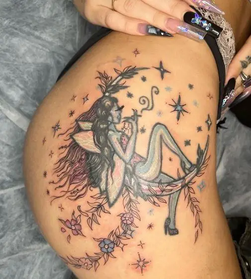 Colored Moon with Stars and Fairy Butt Tattoo