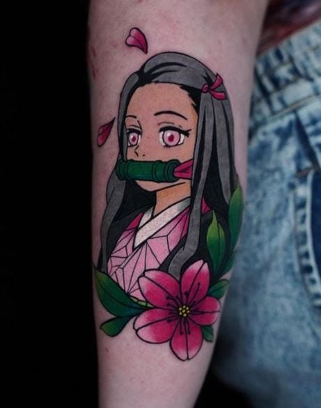 Colorful Flowers and Nezuko Kamado Forearm Tattoo