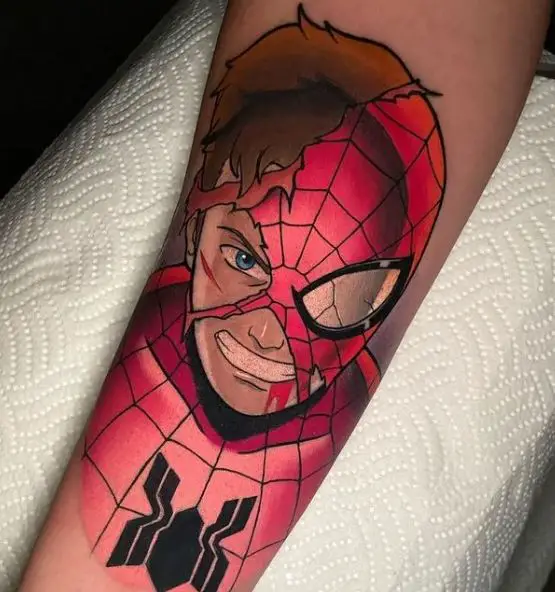 Peter Parker with Torn Spiderman Suit Forearm Tattoo