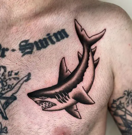 Grey Shaded Shark Chest Tattoo