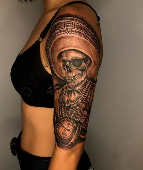 Charro Skeleton with Tequila Bottle Arm Tattoo