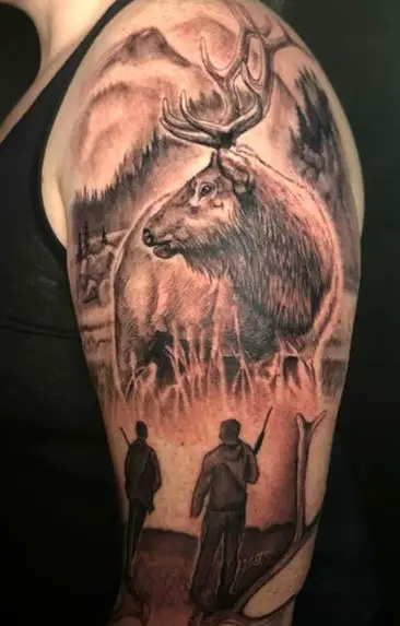 Black and Grey Deer, and Hunters Arm Tattoo