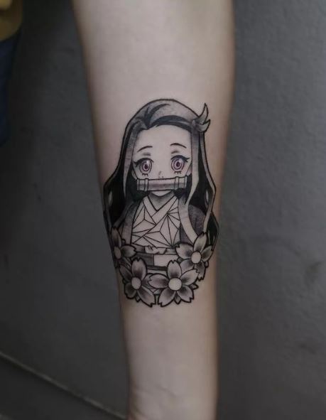 Black and Grey Flowers and Nezuko Kamado Forearm Tattoo