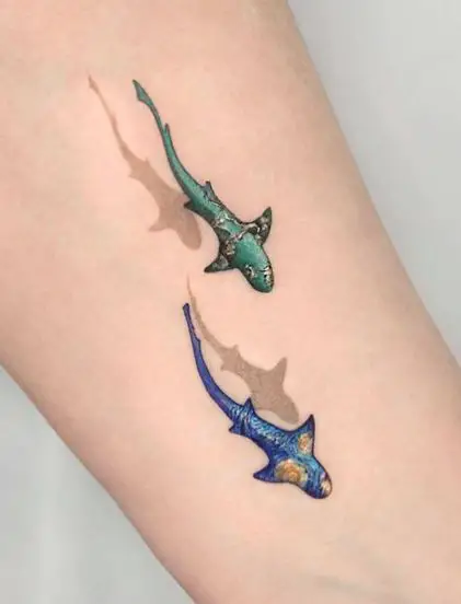 Colored 3D Sharks Forearm Tattoo
