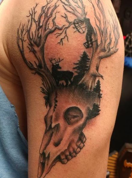 Deer Skull, and Deer Hunting with Bow and Arrow Arm Tattoo