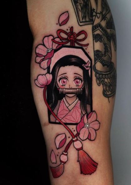 Pink Flowers and Nezuko Kamado Forearm Tattoo