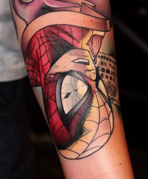 Peter Parker with Spiderman Suit Biceps Tattoo