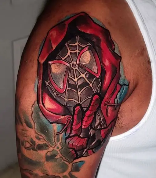 Colorful Miles Morales with Hoody Spiderman Arm Tattoo