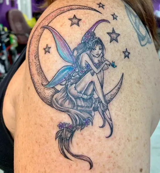 Colored Moon with Stars and Fairy Shoulder Tattoo