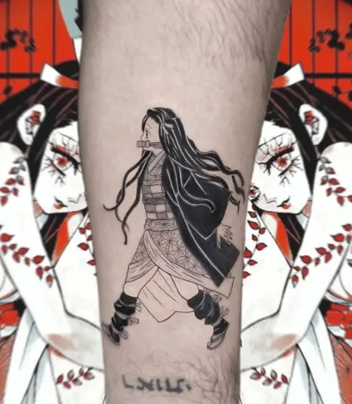 Black and Grey Nezuko Kamado Leg Tattoo