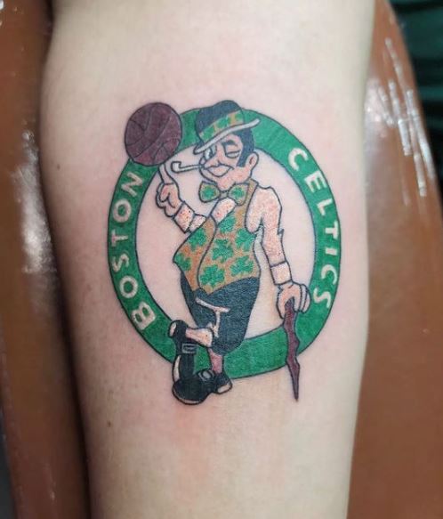 Colorful Celtics Logo Leg Tattoo