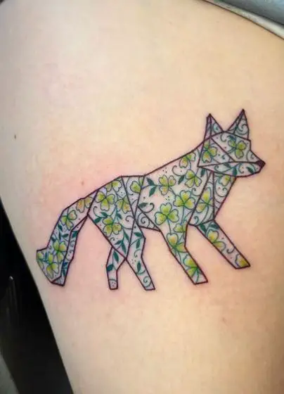 Colorful Floral Fox Thigh Tattoo
