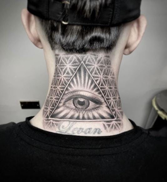 Geometric Pattern and All Seeing Eye Neck Tattoo
