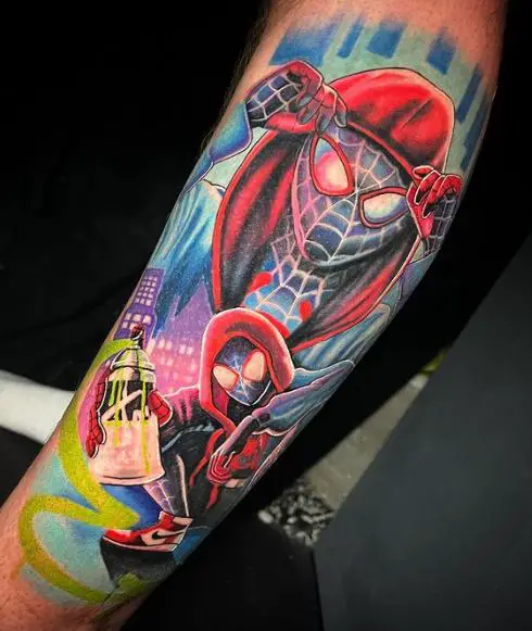 Miles Morales with Graffiti Spray Spiderman Forearm Tattoo