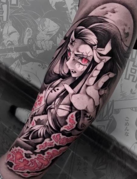 Angry Nezuko Kamado Leg Sleeve Tattoo
