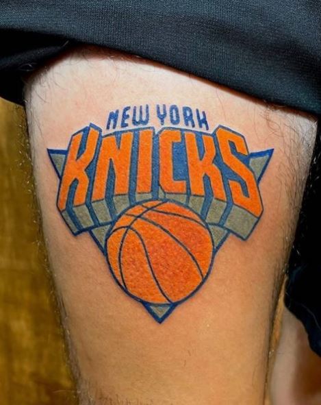 Colorful Knicks Logo Thigh Tattoo