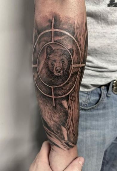 Black and Grey Bear on Sight Forearm Tattoo