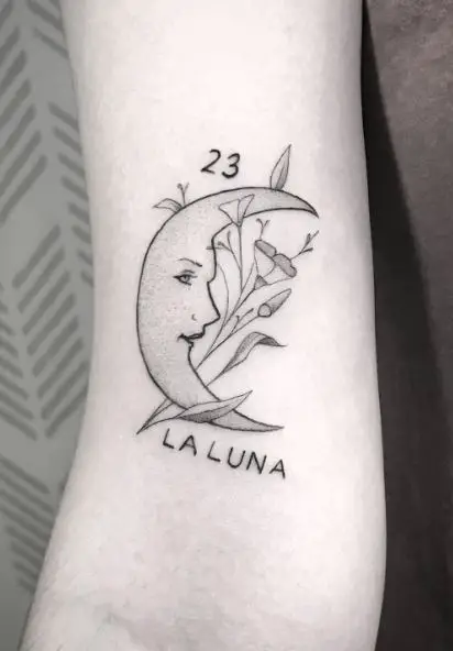 Grey La Luna Loteria Card Biceps Tattoo
