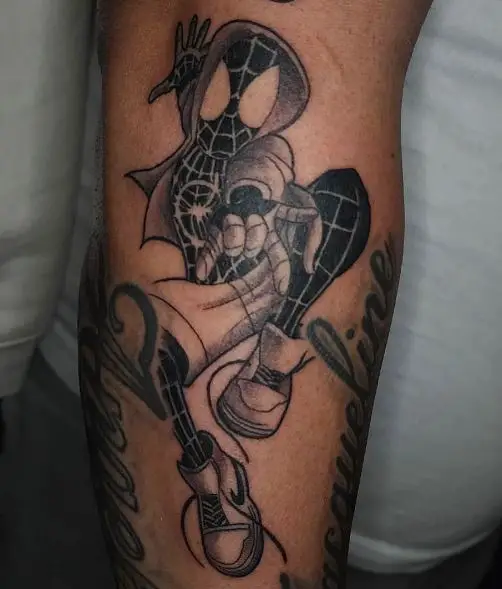 Black and Grey Miles Morales Shooting Spiderman Web Forearm Tattoo