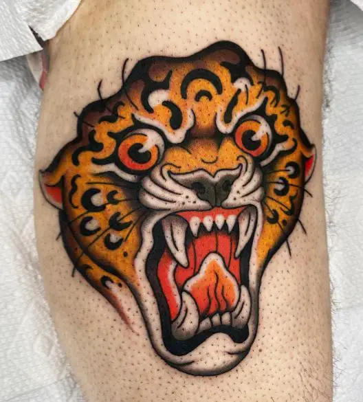 Colorful Roaring Panther Leg Tattoo