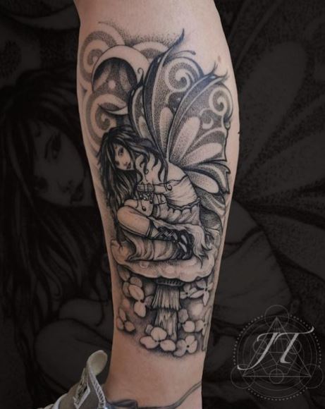 Black and Grey Flowers and Fairy Calf Tattoo