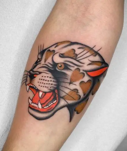 Colorful Roaring Panther with Hearts Forearm Tattoo