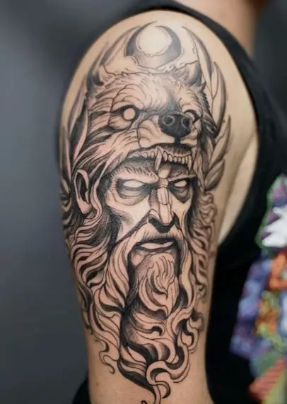Grey Wolf and Viking Warrior Arm Tattoo