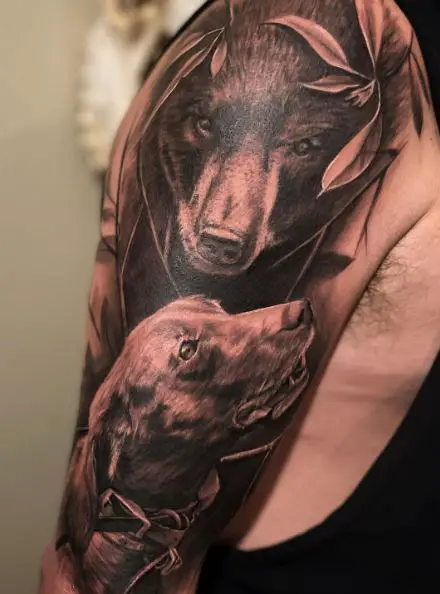 Hunting Dog and Bear Arm Sleeve Tattoo