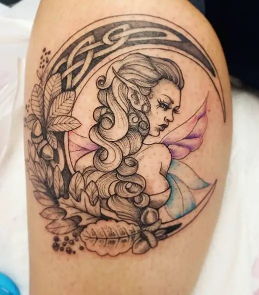 Black and Grey Fairy with Acorns and Leaves Tattoo