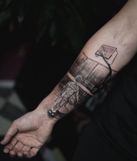 Black and Grey Child and Basketball Court Forearm Tattoo