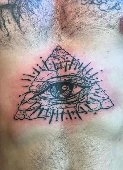 Stone Pyramid and All Seeing Eye Chest Tattoo