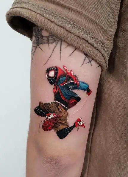 Jumping Miles Morales Spiderman Elbow Tattoo