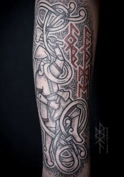 Viking Warrior with Axes Arm Tattoo