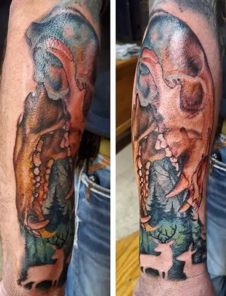 Colored Forest Animals, and Bear Skull Arm Sleeve Tattoo