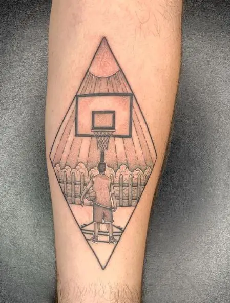 Black and Grey Boy and Basketball Court Forearm Tattoo