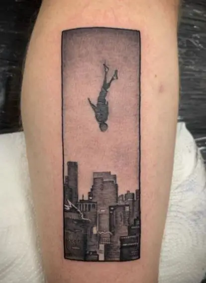 City Skyline and Miles Morales Spiderman Forearm Tattoo