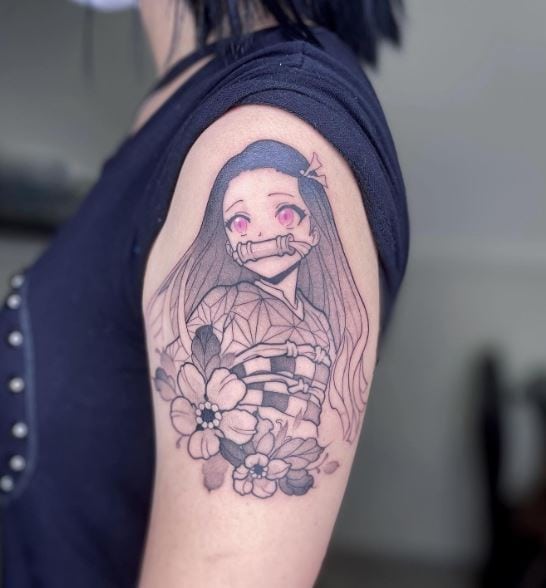 Grey Flowers and Nezuko Kamado Arm Tattoo