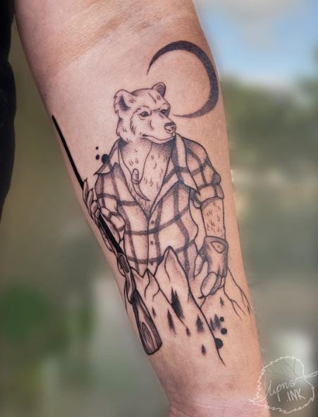 Crescent, and Bear with Rifle Forearm Tattoo