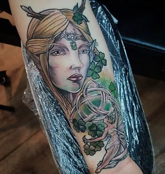 Colorful Celtic Fairy with Clover Forearm Tattoo