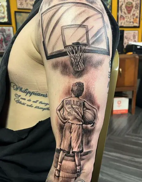 Black and Grey Boy and Basketball Court Arm Tattoo
