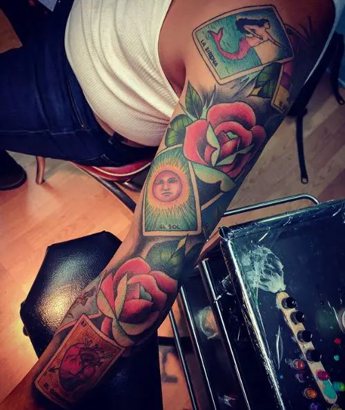 Colorful Roses and Loteria Cards Arm Tattoo