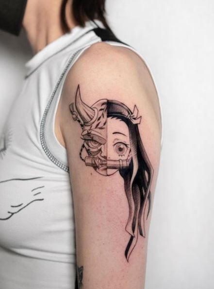 Half Demon Half Nezuko Kamado Arm Tattoo