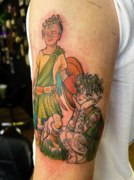 Colorful Celtic Fairy Cadha with Brother Arm Tattoo