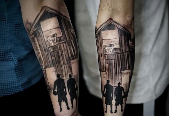 Two Brothers and Basketball Court Forearm Matching Tattoos