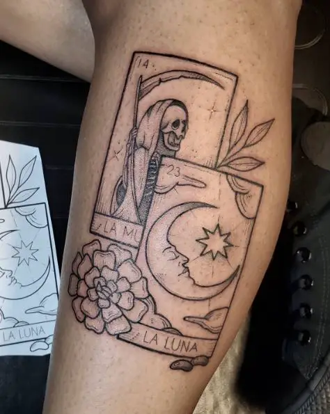 La Luna and La Muerte Loteria Cards Leg Tattoo