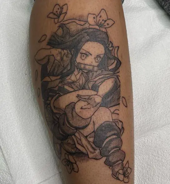 Grey Flowers and Nezuko Kamado Arm Tattoo