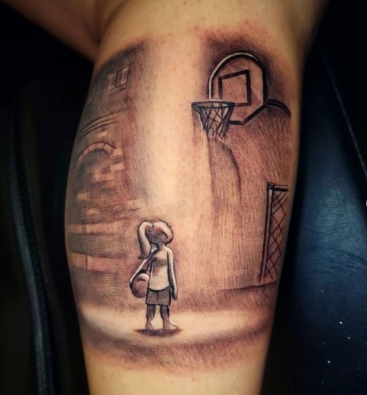 Black and Grey Girl and Basketball Court Calf Tattoo
