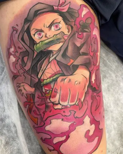 Colorful Angry Nezuko Kamado Thigh Tattoo