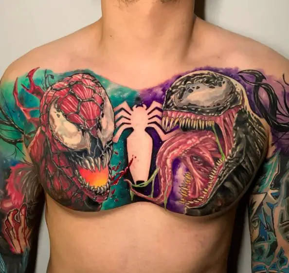 Colorful Venom and Spiderman Chest Tattoo