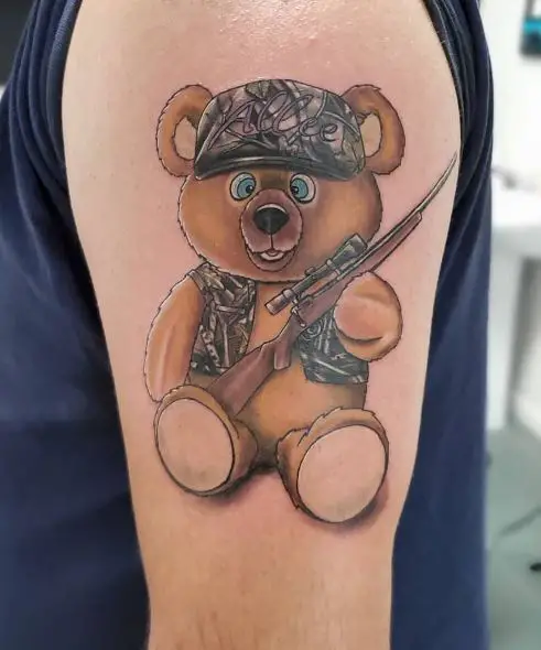 Colorful Teddy Bear with Hunting Rifle Arm Tattoo